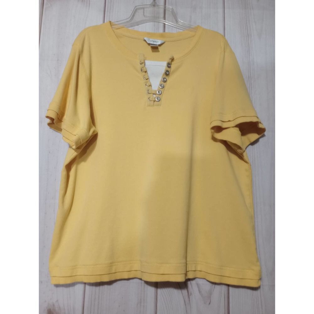 CJ Banks Womens 1X Yellow Cotton Short Sleeve‎ Top Split Neck Button